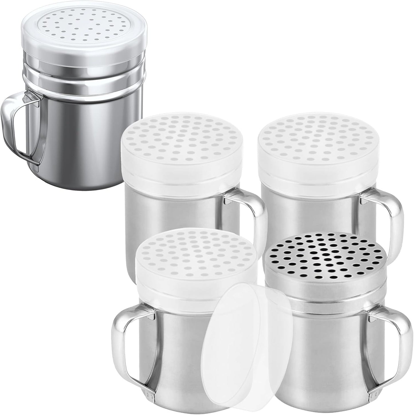 [4-pcs] 10 oz Metal Parmesan Cheese Shakers (Large Holes) + [1-pc] 10 oz Stainless Steel Salt Pepper Dredge Shaker - with Plastic Caps & Handles Bundle