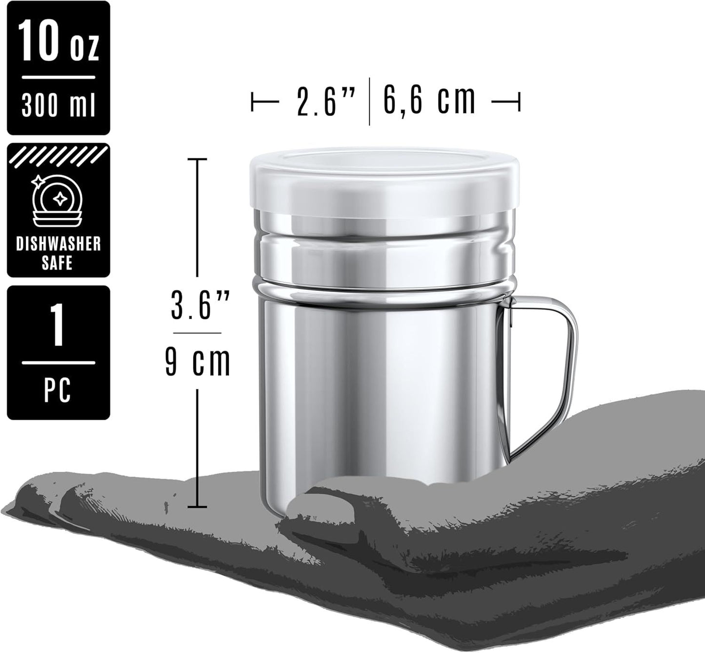 [4-pcs] 10 oz Metal Parmesan Cheese Shakers (Large Holes) + [1-pc] 10 oz Stainless Steel Salt Pepper Dredge Shaker - with Plastic Caps & Handles Bundle