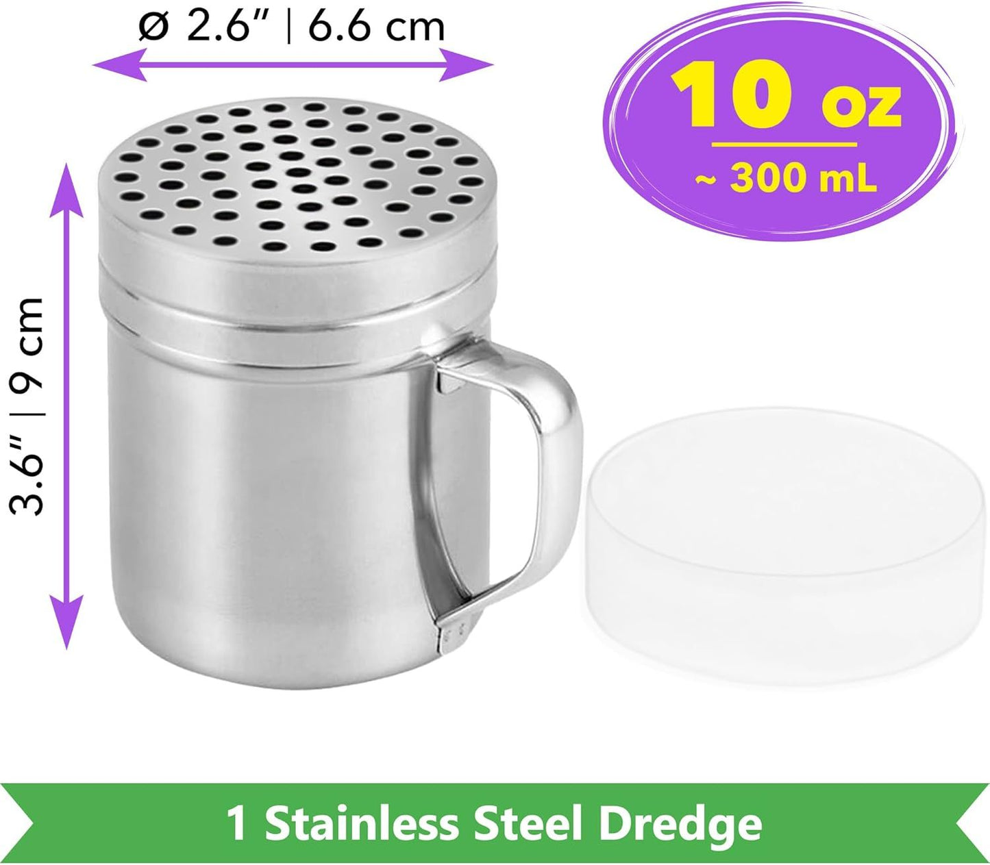 [1-pc] 10 oz Metal Parmesan Cheese Shaker (Large Holes) + [2-pcs] 14 oz Metal Salt Pepper Dredge Shakers - with Plastic Caps & Handles Bundle