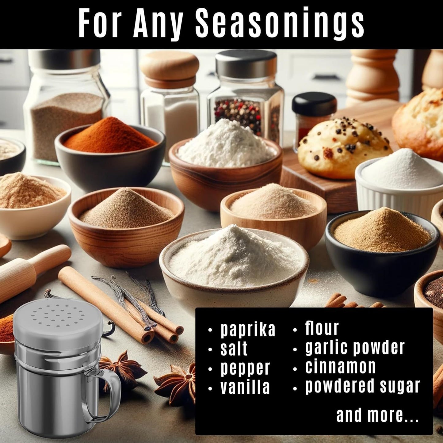 [1-pc] 14 oz Metal Parmesan Cheese Shaker (Large Holes) + [2-pcs] 6 oz Metal Salt Pepper Dredge Shakers - with Plastic Caps & Handles Bundle