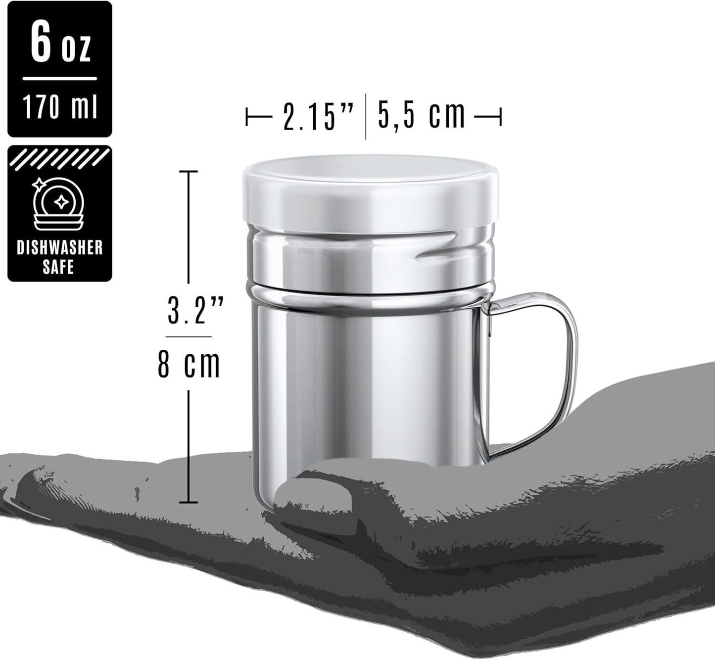[1-pc] 10 oz Metal Parmesan Cheese Shaker (Large Holes) + [2-pcs] 6 oz Metal Salt Pepper Dredge Shakers - with Plastic Caps & Handles Bundle