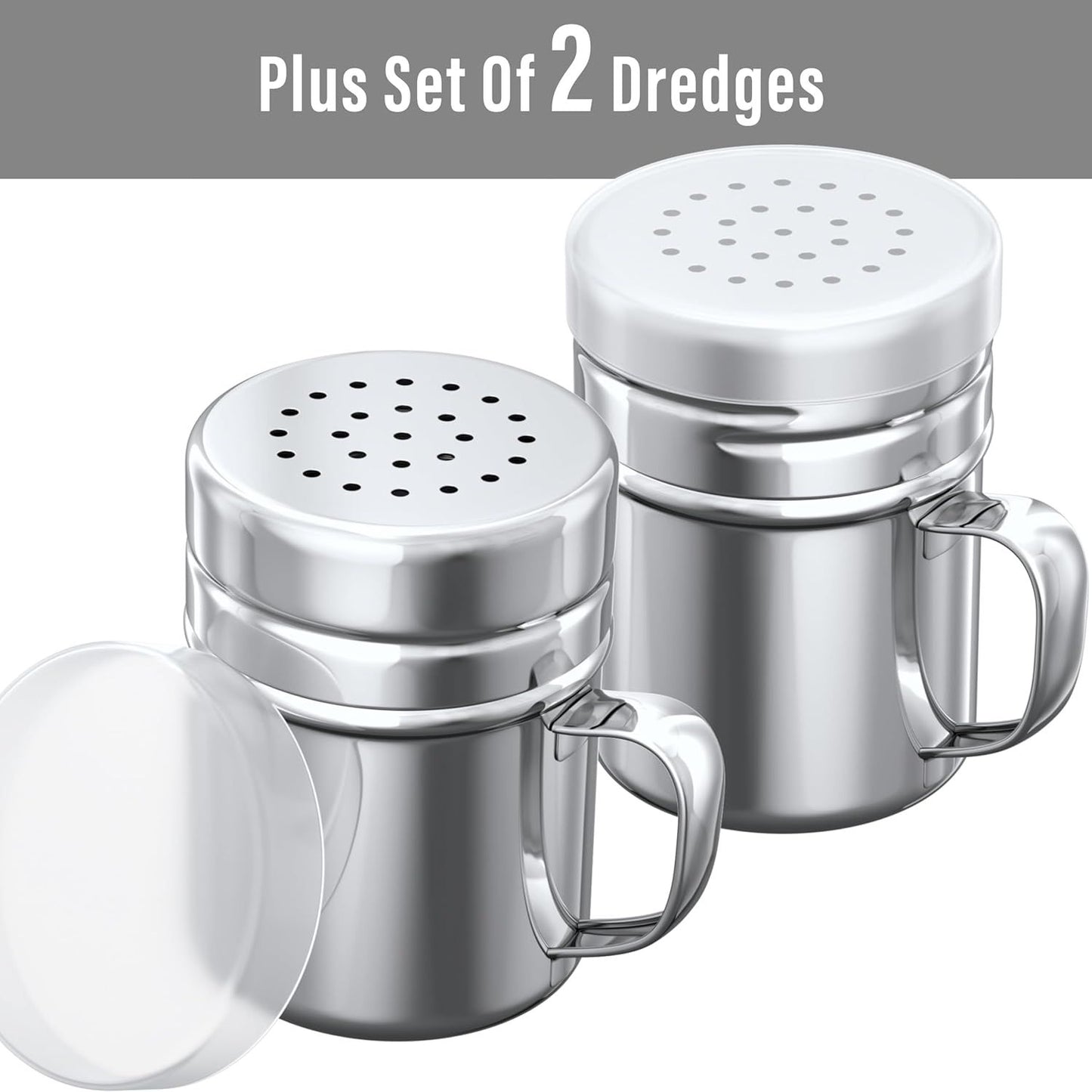[1-pc] 6 oz Metal Parmesan Cheese Shaker (Large Holes) + [2-pcs] 6 oz Metal Salt Pepper Dredge Shakers - with Plastic Caps & Handles Bundle
