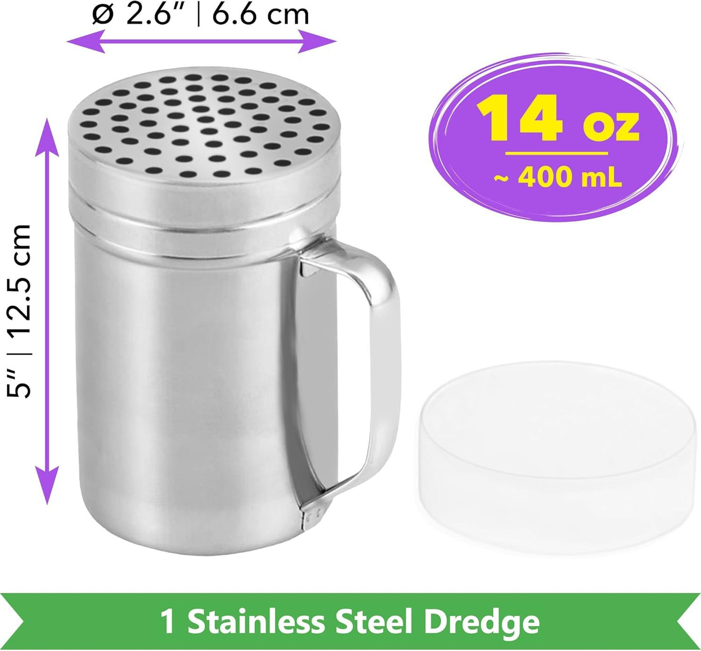 [1-pc] 14 oz Metal Parmesan Cheese Shaker (Large Holes) + [2-pcs] 14 oz Metal Salt Pepper Dredge Shakers - with Plastic Caps & Handles Bundle