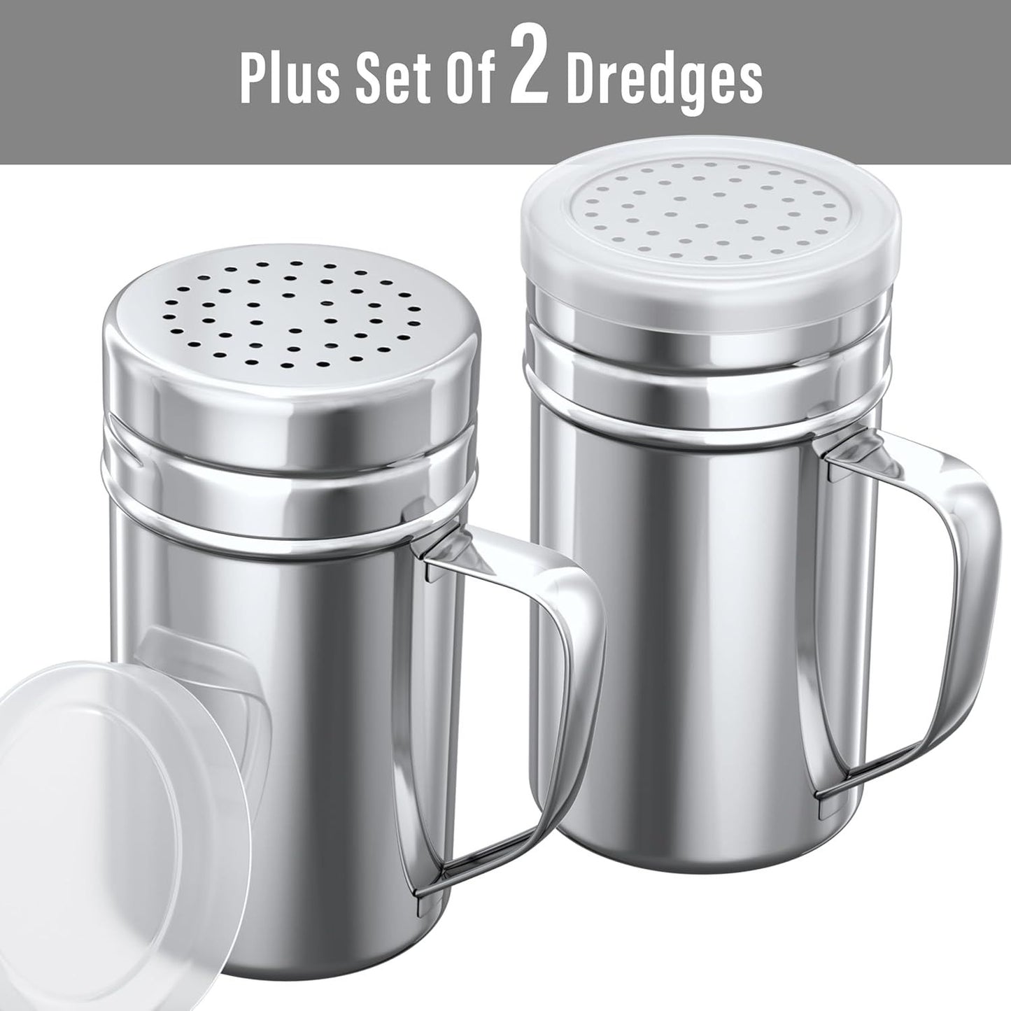[1-pc] 14 oz Metal Parmesan Cheese Shaker (Large Holes) + [2-pcs] 14 oz Metal Salt Pepper Dredge Shakers - with Plastic Caps & Handles Bundle