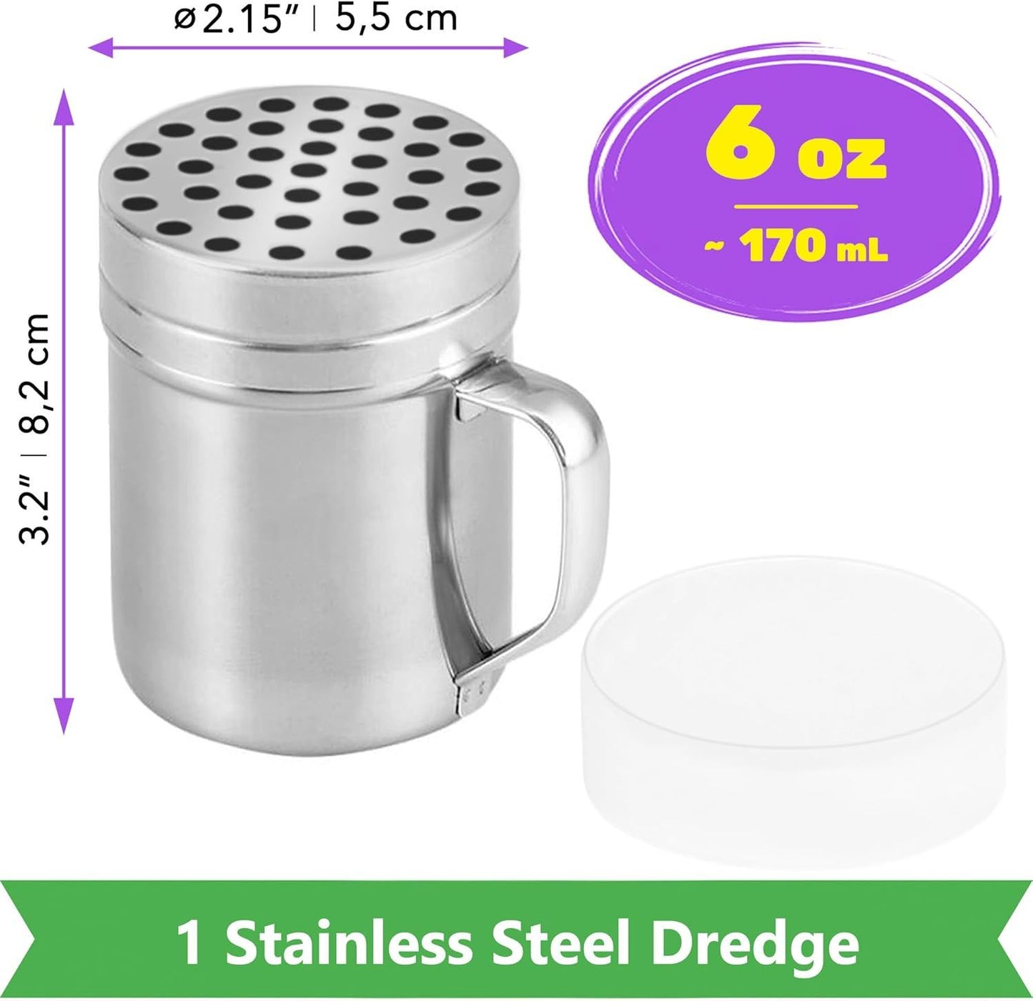[1-pc] 6 oz Metal Parmesan Cheese Shaker (Large Holes) + [2-pcs] 14 oz Metal Salt Pepper Dredge Shakers - with Plastic Caps & Handles Bundle