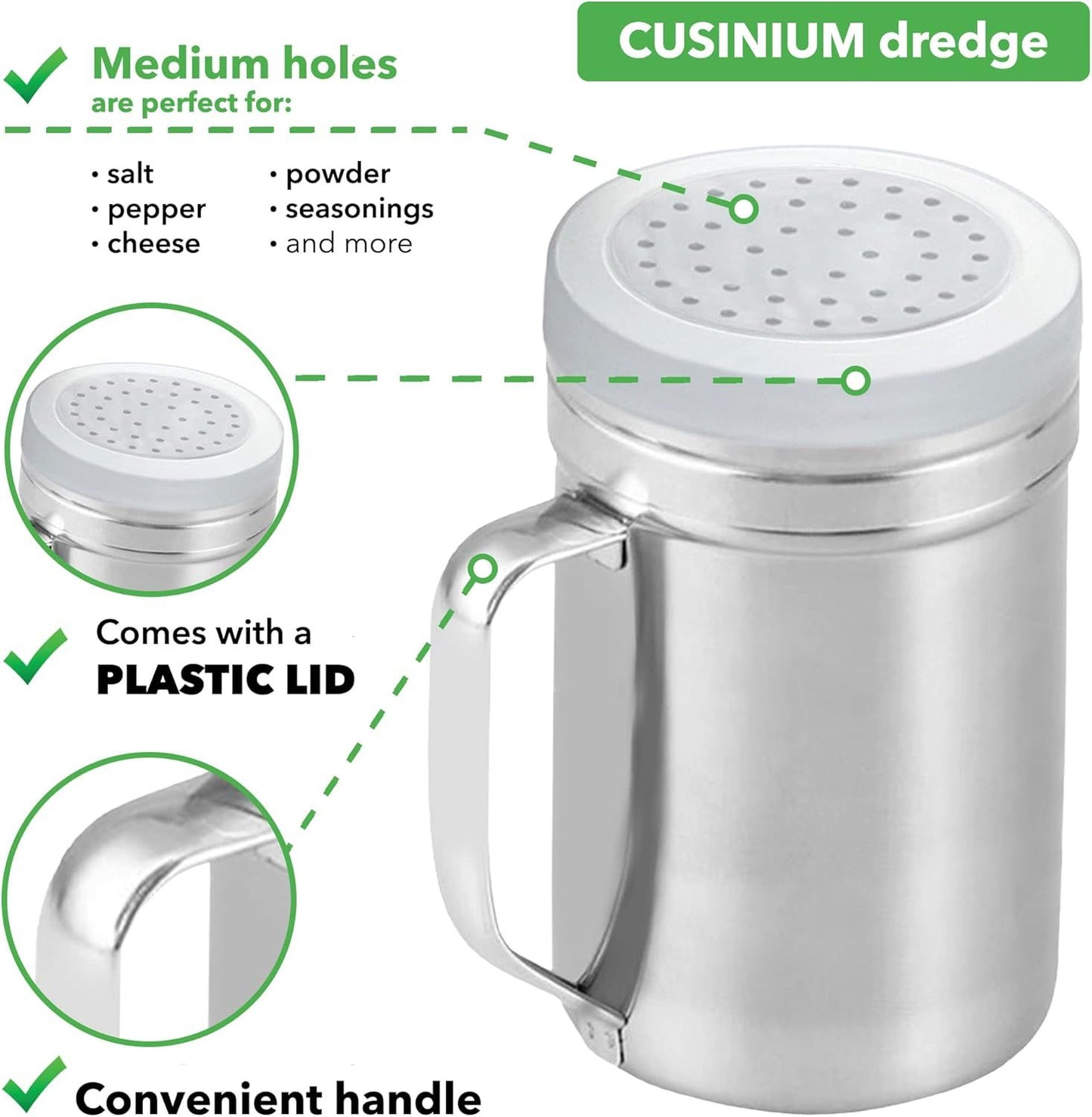 [2-pcs] 14 oz Large Metal Salt Pepper Dredge Shakers + [1-pcs] 14 oz Metal Parmesan Cheese Shaker - with Hadles and Caps Bundle