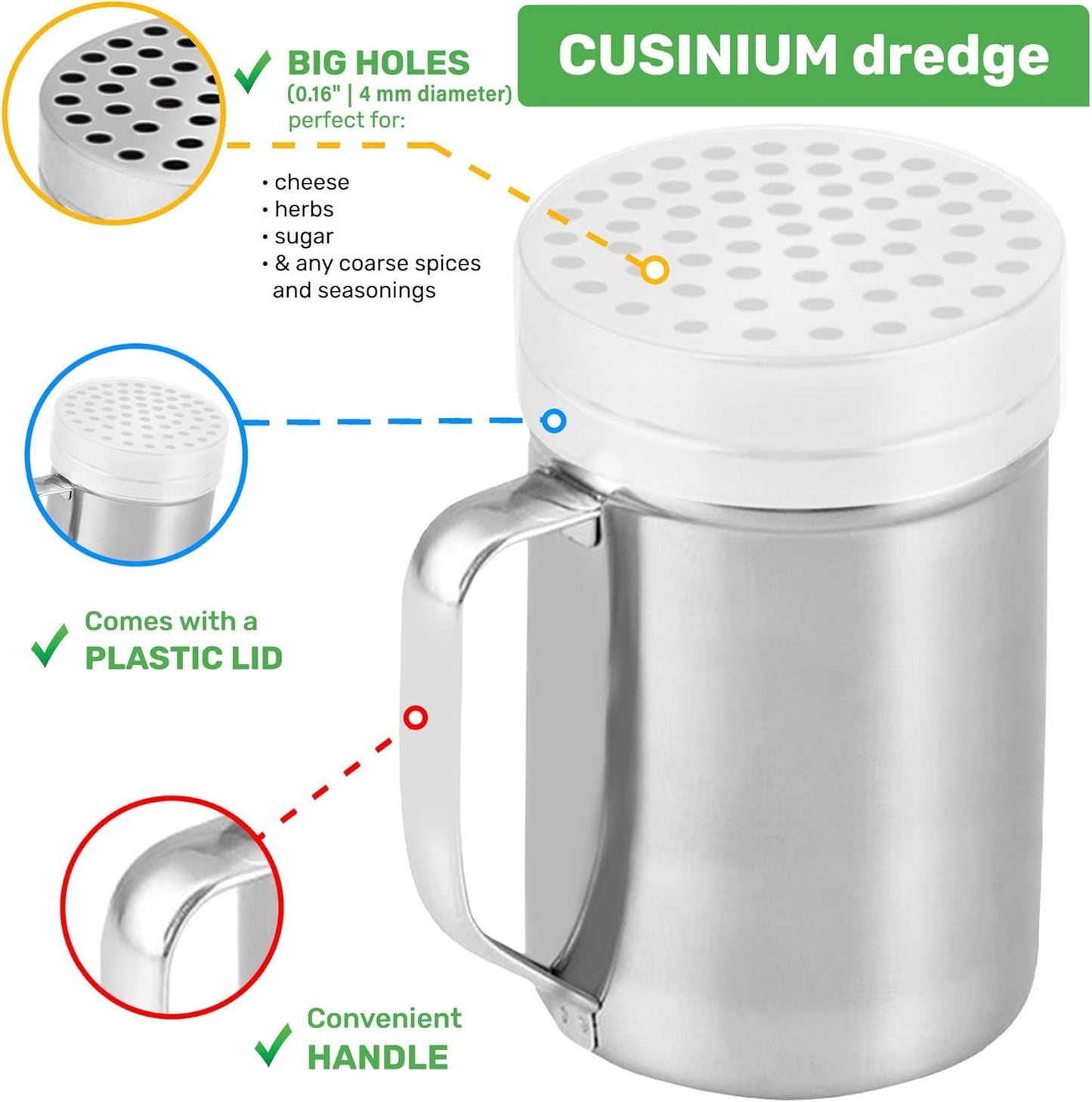 [2-pcs] 14 oz Large Metal Salt Pepper Dredge Shakers + [1-pcs] 14 oz Metal Parmesan Cheese Shaker - with Hadles and Caps Bundle