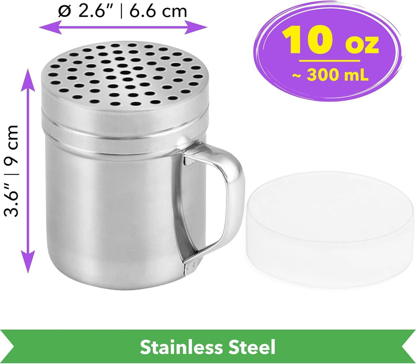 [4-pcs] 10oz Metal Salt Pepper Cooking Dredge Shakers (Medium Holes) + [1-pcs] 10oz Metal Parmesan Cheese Shaker (Large Holes) - with Plastic Caps and Handle