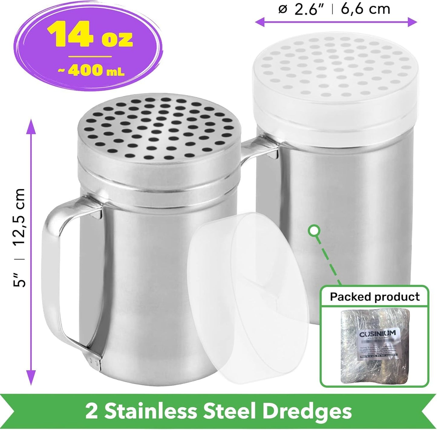 [2-pcs] 14oz Metal Parmesan Cheese Shakers (Large Holes) + [1-pcs] 14oz Stainless Steel Salt & Pepper Dredge Shaker (Medium Holes) - with Plastic Caps and Handles Bundle