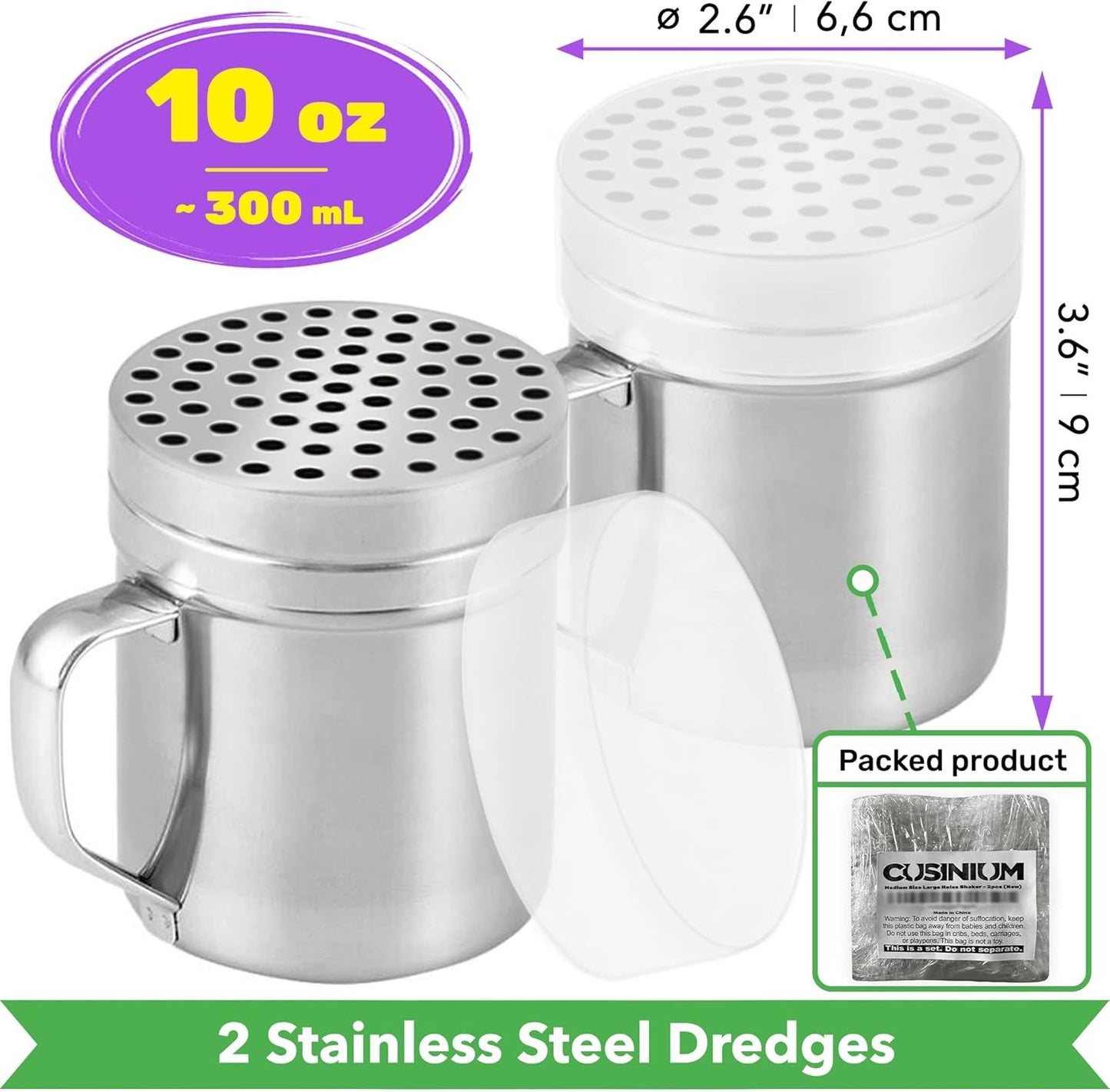 [2-pcs] 10oz Metal Parmesan Cheese Shakers (Large Holes) + [1-pcs] 10oz Stainless Steel Salt & Pepper Dredge Shaker (Medium Holes) - with Plastic Caps and Handles Bundle