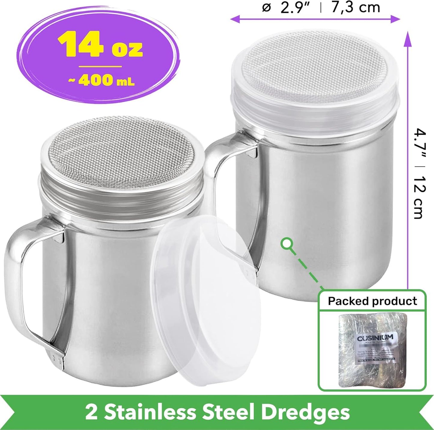 [2-pcs] 14oz Large Powdered Sugar Shakers (ine Mesh) + [1-pcs] 10oz Stainless Steel Salt Pepper Dredge Shaker - with Plastic Caps & Handles Bundle