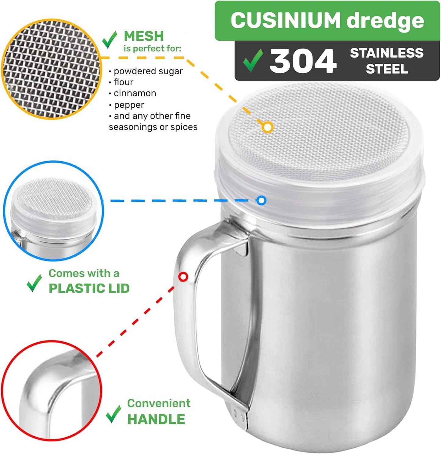 [2-pcs] 14oz Large Powdered Sugar Shakers (ine Mesh) + [1-pcs] 10oz Stainless Steel Salt Pepper Dredge Shaker - with Plastic Caps & Handles Bundle