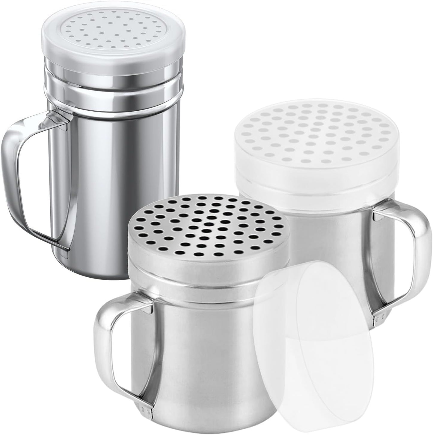 [2-pcs] 10oz Metal Parmesan Cheese Shakers (Large Holes) + [1-pcs] 14oz Stainless Steel Salt & Pepper Dredge Shaker (Medium Holes) - with Plastic Caps and Handles Bundle