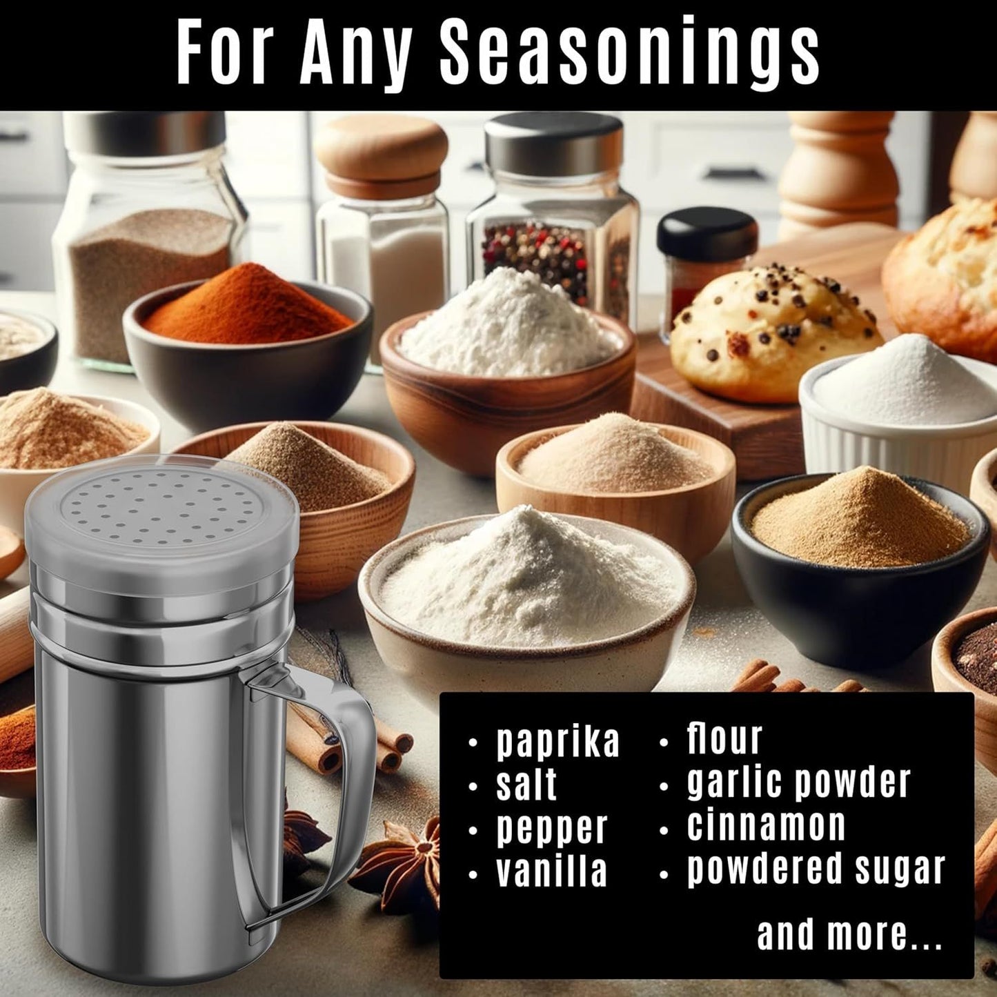 [2-pcs] 10oz Metal Parmesan Cheese Shakers (Large Holes) + [1-pcs] 14oz Stainless Steel Salt & Pepper Dredge Shaker (Medium Holes) - with Plastic Caps and Handles Bundle