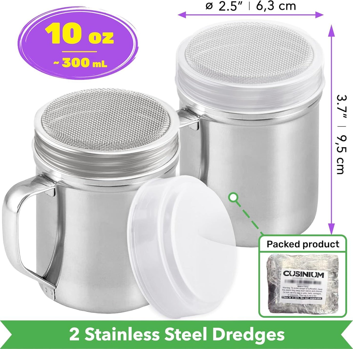 [2-pcs] 10oz Powdered Sugar Shakers (ine Mesh) + [1-pcs] 10oz Stainless Steel Salt Pepper Dredge Shaker - with Plastic Caps & Handles Bundle