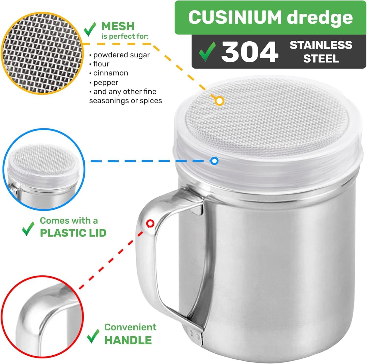 [2-pcs] 10oz Powdered Sugar Shakers (ine Mesh) + [1-pcs] 10oz Stainless Steel Salt Pepper Dredge Shaker - with Plastic Caps & Handles Bundle