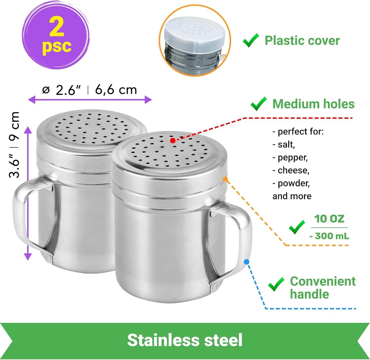 2 Stainless Steel Salt & Pepper Dredge (10 + 14 oz) + 14 ounce Metal Parmesan Cheese Shaker (Large Holes) - with Plastic Caps & Handles Bundle