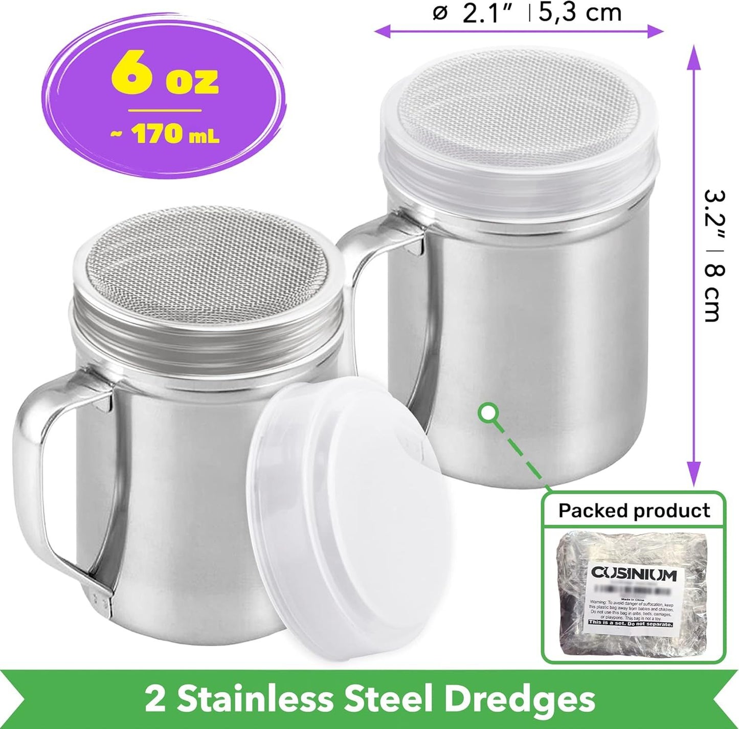 [2-pcs] 6oz Powdered Sugar Shakers (ine Mesh) + [1-pcs] 10oz Stainless Steel Salt Pepper Dredge Shaker - with Plastic Caps & Handles Bundle