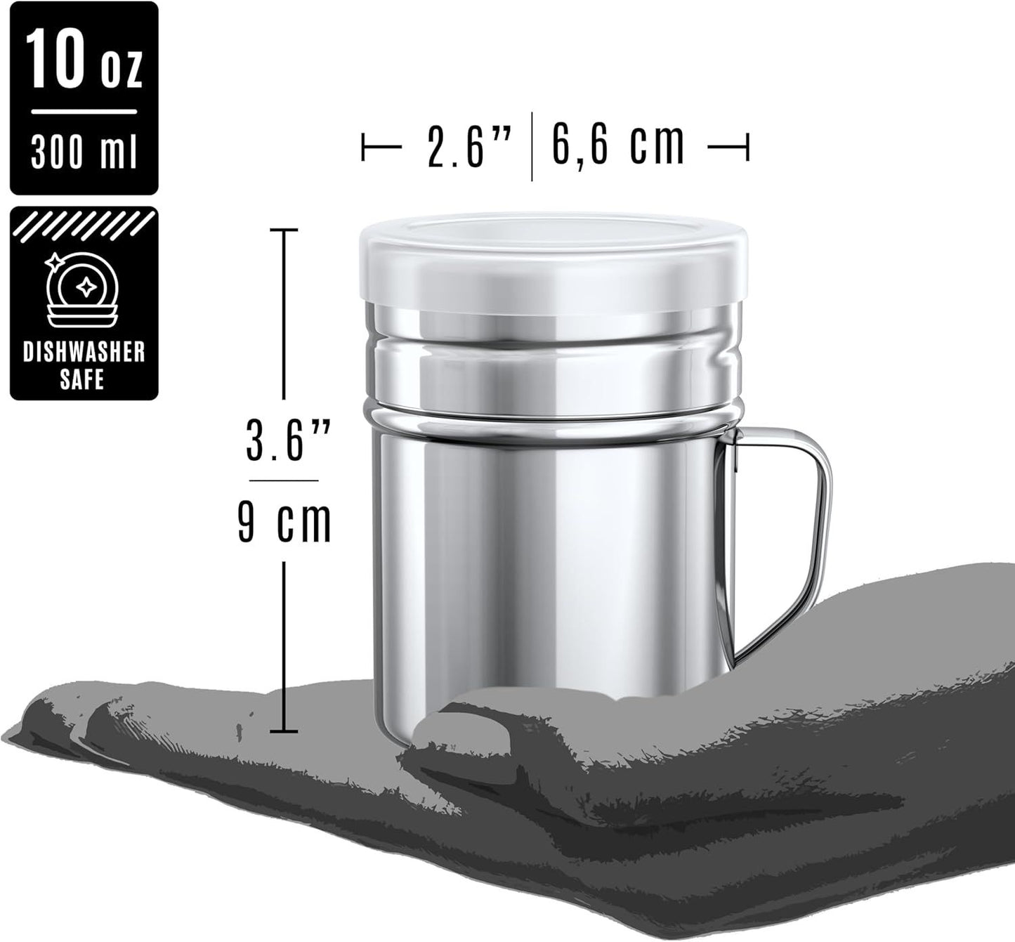 [2-pcs] 6oz Powdered Sugar Shakers (ine Mesh) + [1-pcs] 10oz Stainless Steel Salt Pepper Dredge Shaker - with Plastic Caps & Handles Bundle