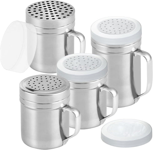 2 Stainless Steel Salt & Pepper Dredge (10 + 14 oz) + 10 ounce Metal Parmesan Cheese Shaker (Large Holes) - with Plastic Caps & Handles Bundle