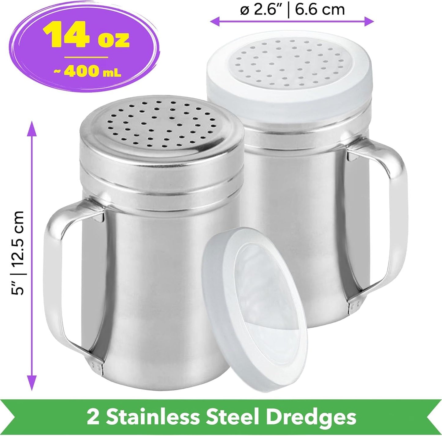 [2-pack] 14oz Seasonings Spice Shaker with Medium Holes, [2-pack] 14oz Metal Parmesan Cheese Shaker with Large Holes - with Handle and Plastic Cap
