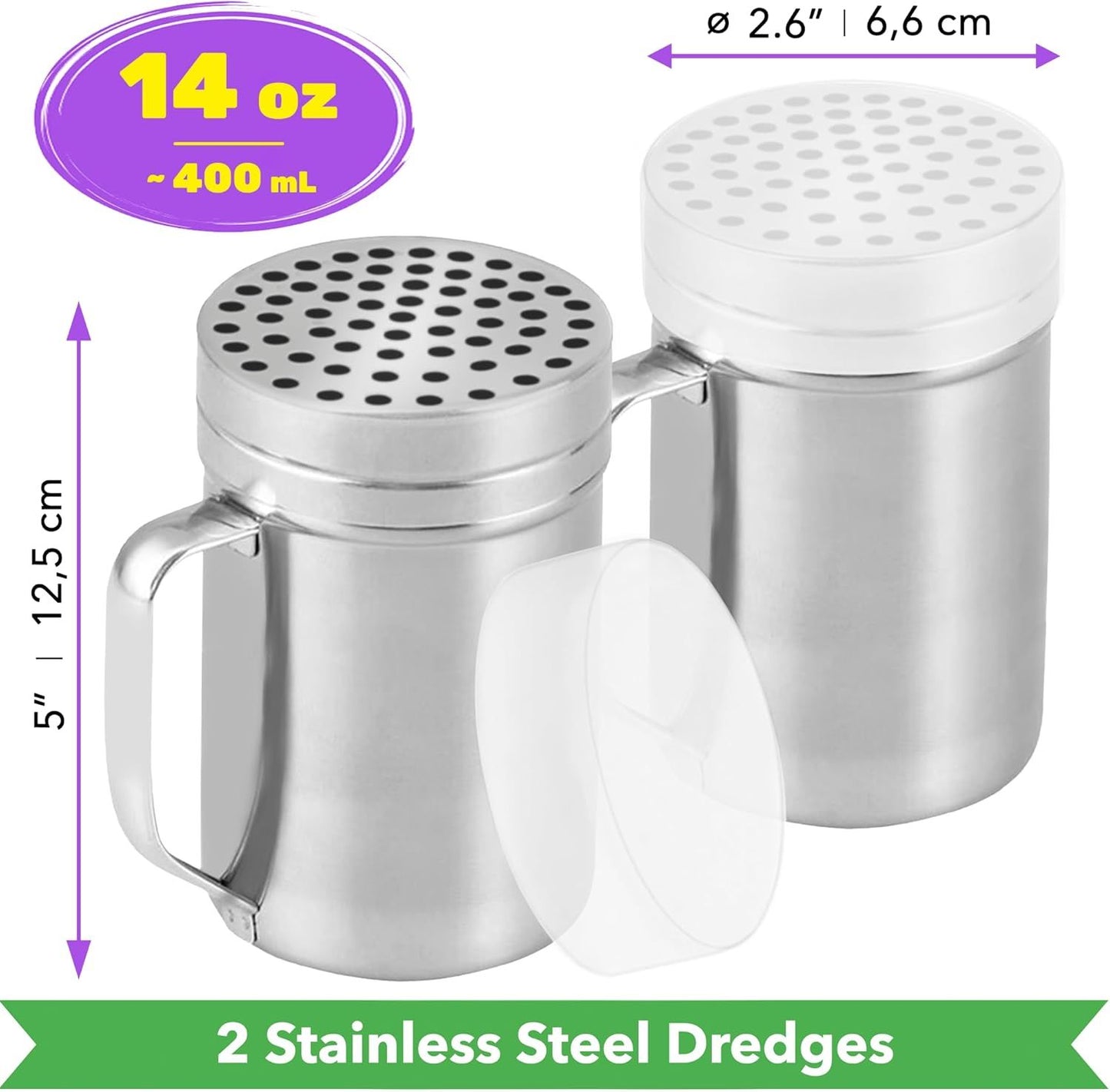 [2-pack] 14oz Seasonings Spice Shaker with Medium Holes, [2-pack] 14oz Metal Parmesan Cheese Shaker with Large Holes - with Handle and Plastic Cap