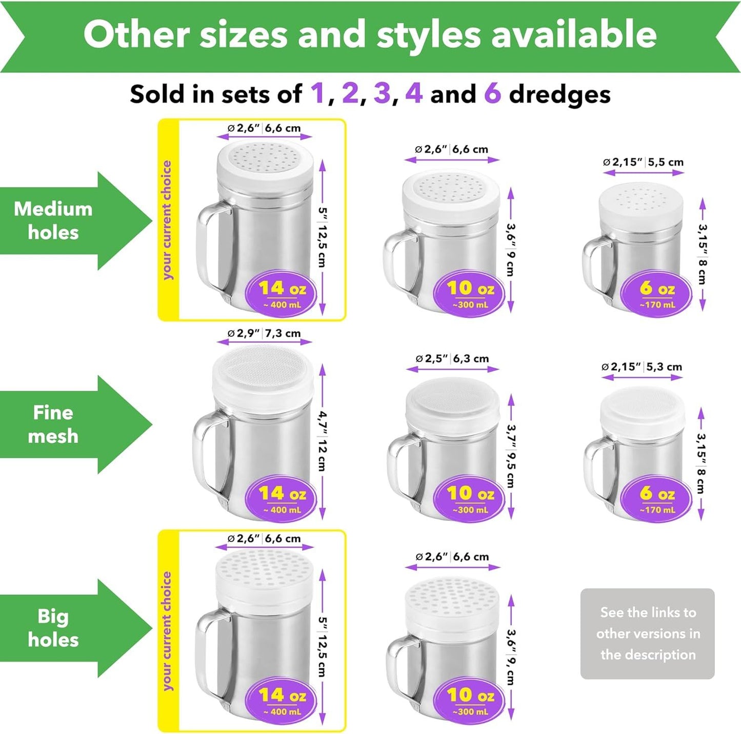 [2-pack] 14oz Seasonings Spice Shaker with Medium Holes, [2-pack] 14oz Metal Parmesan Cheese Shaker with Large Holes - with Handle and Plastic Cap