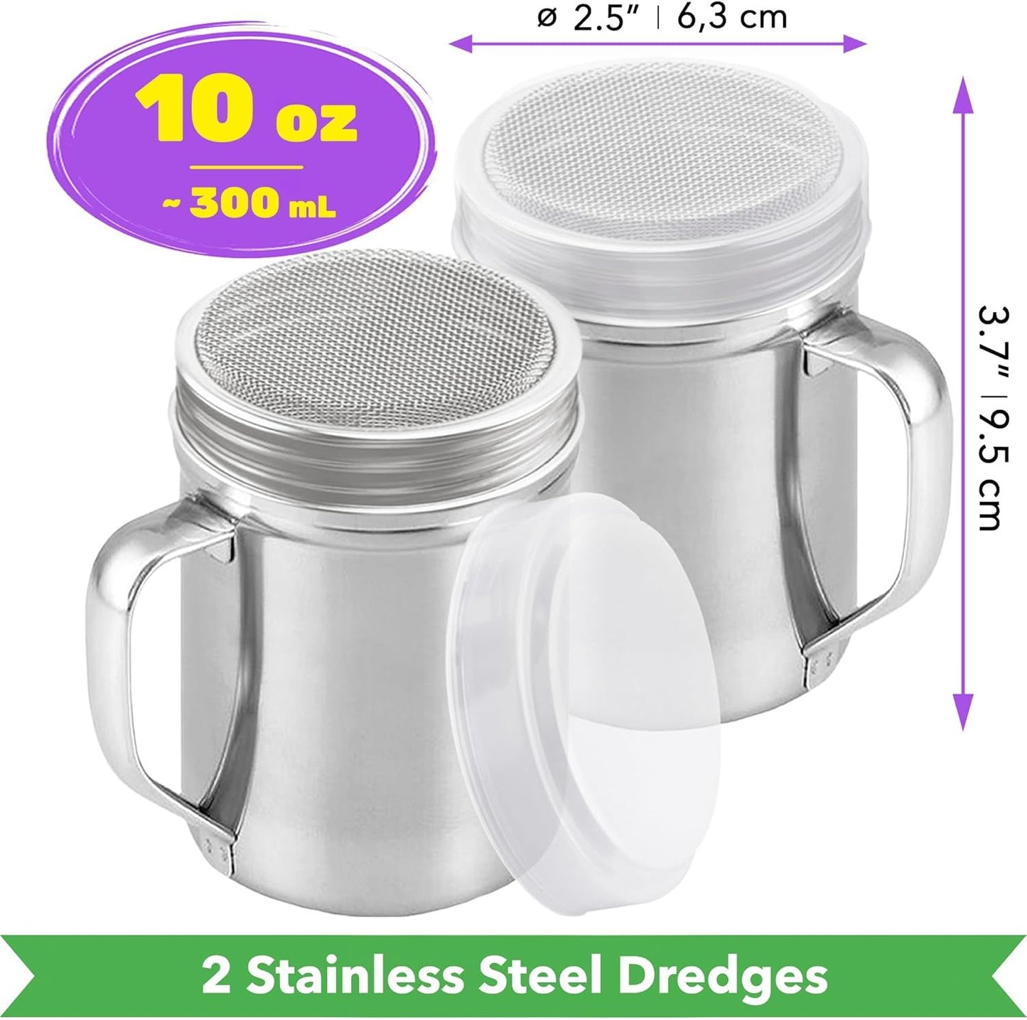 [2-pack] 10oz Metal Cheese Shaker with Large Holes, [2-pack] 10oz Powdered Sugar Shaker with ine Mesh - With Handle and Lids