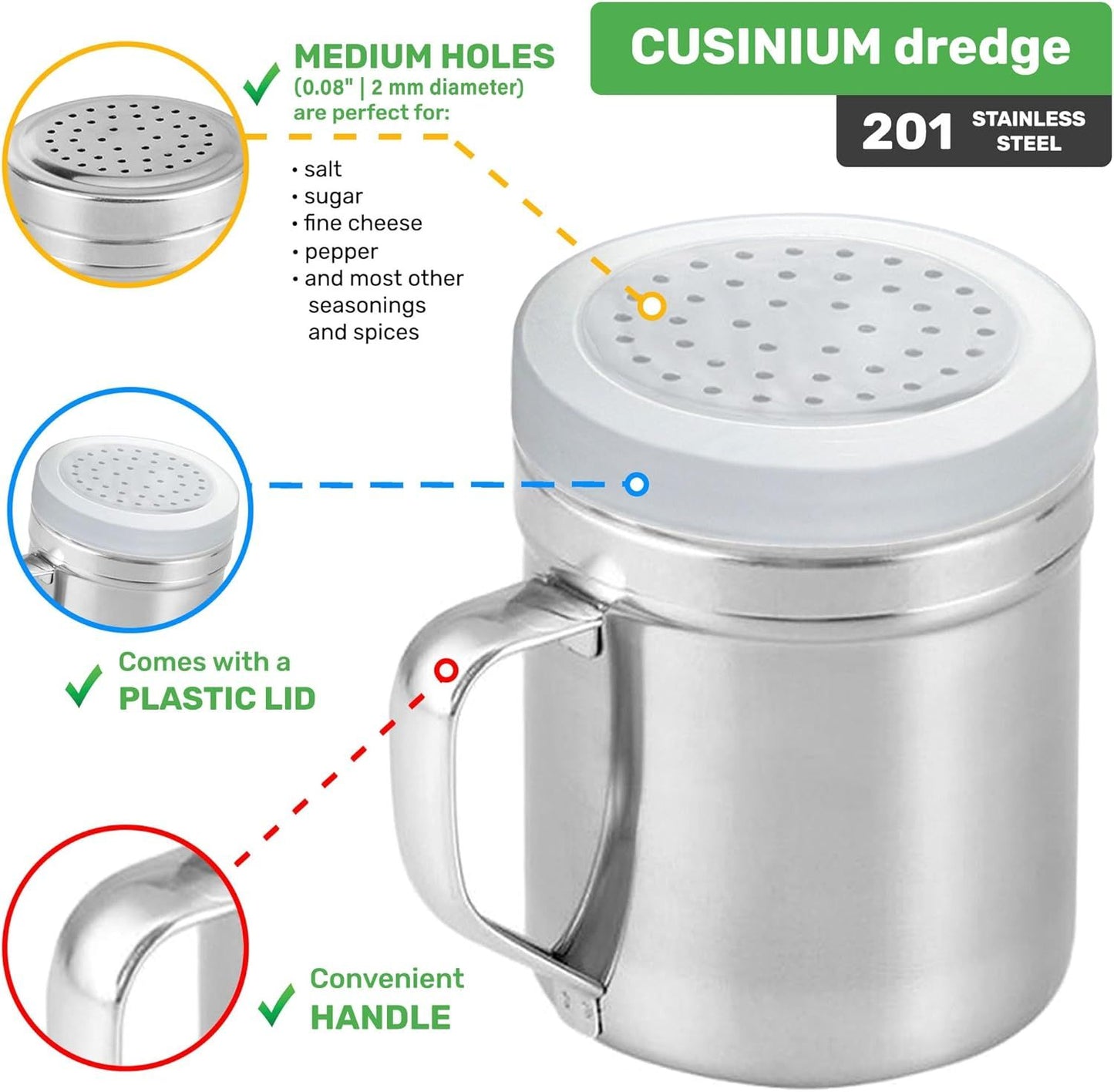 [4-pack] 6oz Metal Salt & Pepper Shaker with Holes, [4-pack] 10oz Metal Salt & Pepper Shaker with Holes - with Handle and Plastic Cap