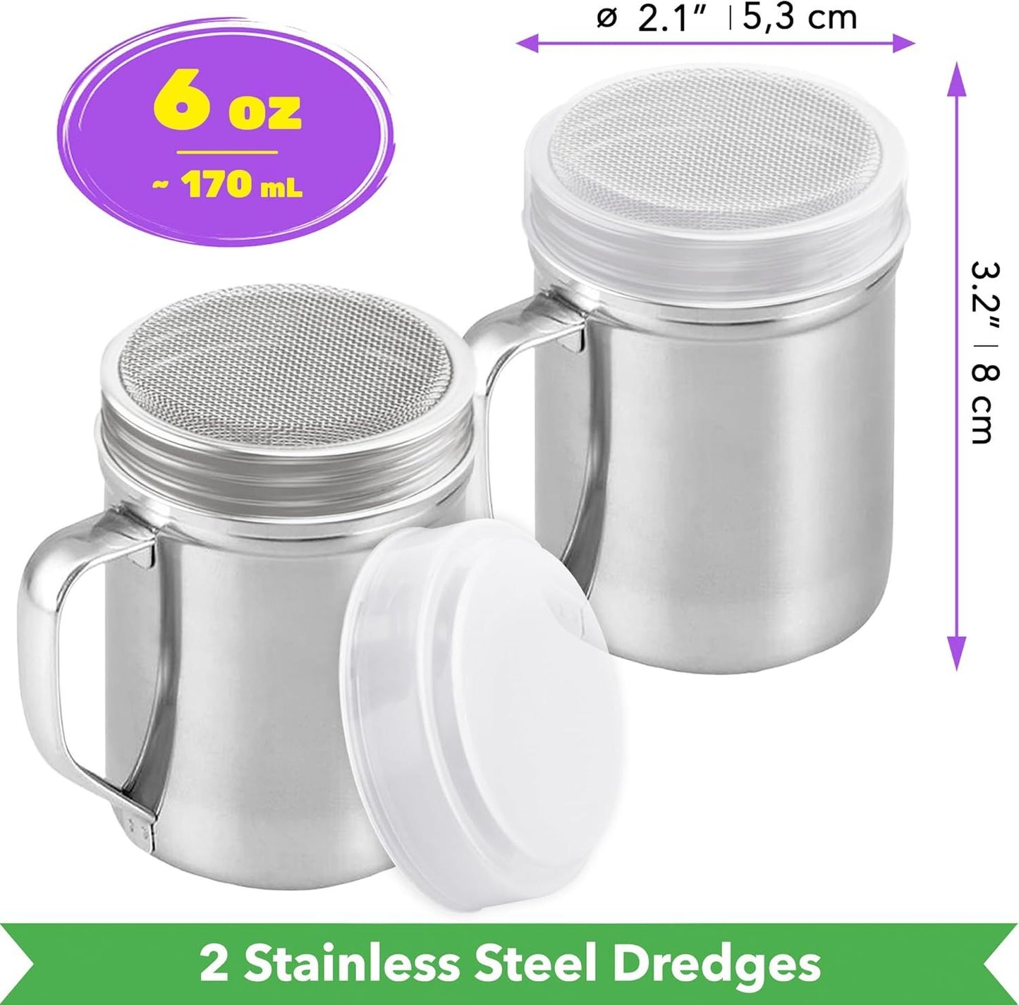 [2-pack] 6oz Powdered Shaker with ine Mesh, [2-pack] 10oz Metal Parmesan Cheese Shaker with Large Holes - with Handle and Plastic Cap