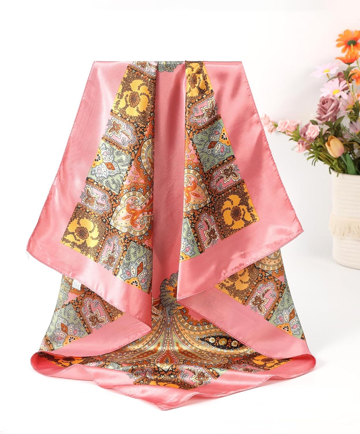 35" Large Silk Hair Scar or Women - 4Pcs Satin Head Scar Square Hair Bandanas loral Wild Rag Sleeping Head Wraps
