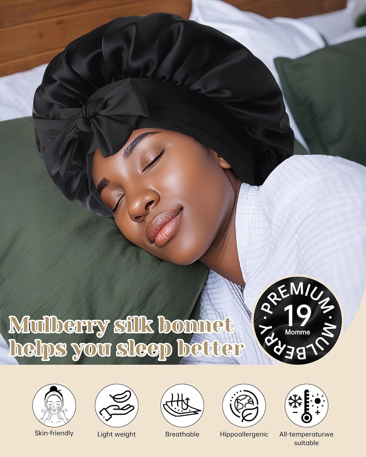 100% Mulberry Silk Hair Bonnet or Women Sleeping with Tie Band 19 Momme Silk Sleep Cap Night (US, Alpha, One Size, Black)