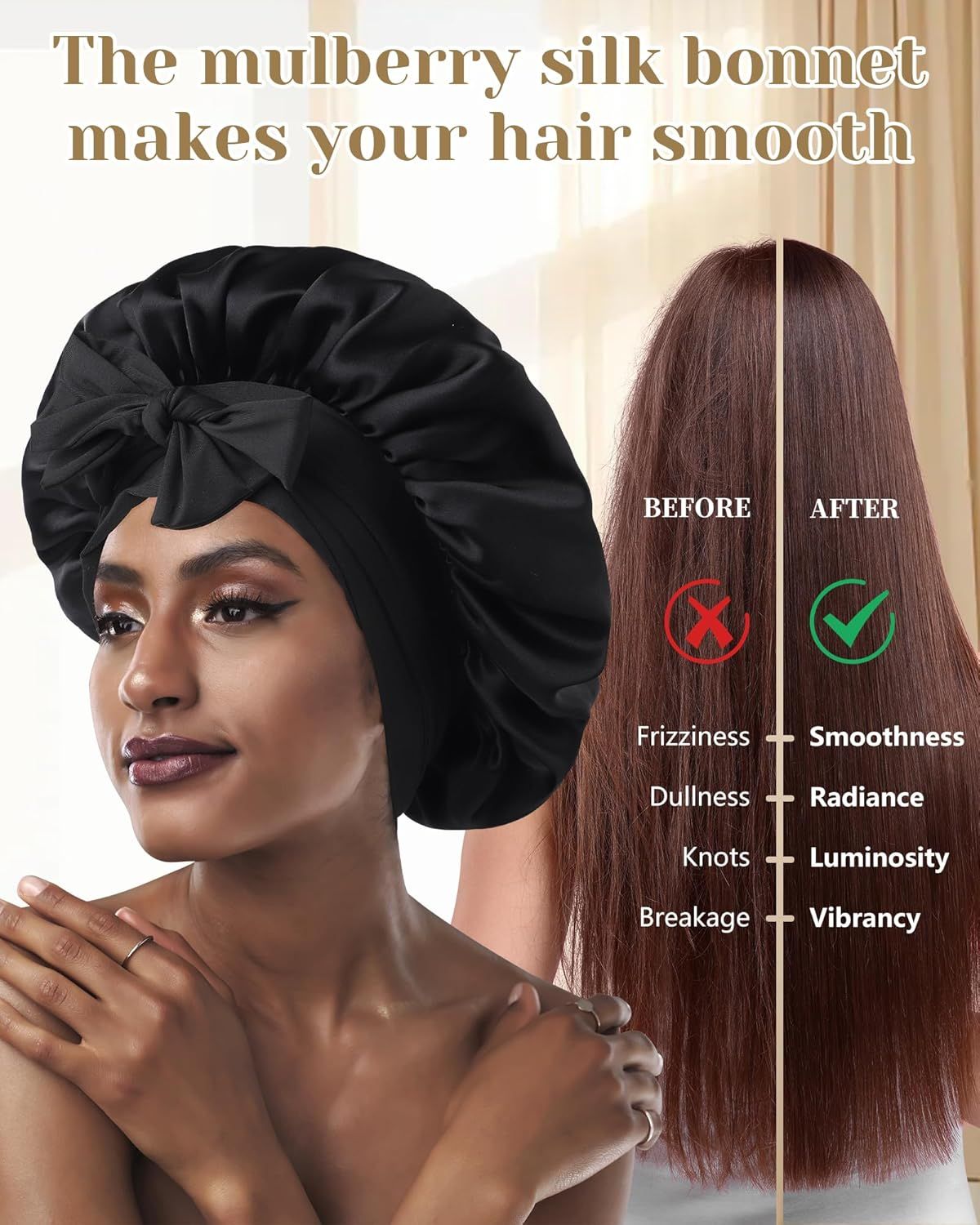 100% Mulberry Silk Hair Bonnet or Women Sleeping with Tie Band 19 Momme Silk Sleep Cap Night (US, Alpha, One Size, Black)