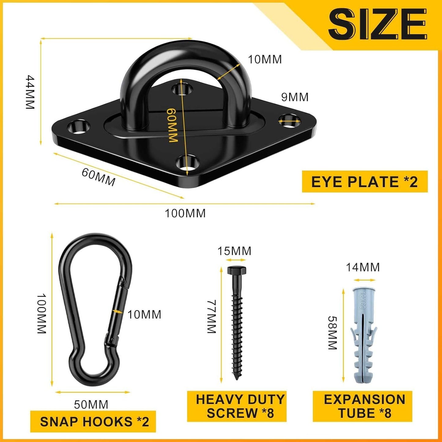 Heavy Duty Black Hammock Hooks Screws Bolts Included, Over 1700 lb Rust-Resistant Swing Hook Hardware, M10 Hanging Kit or Porch Yoga Seat Trapeze (Indoor/Outdoor)