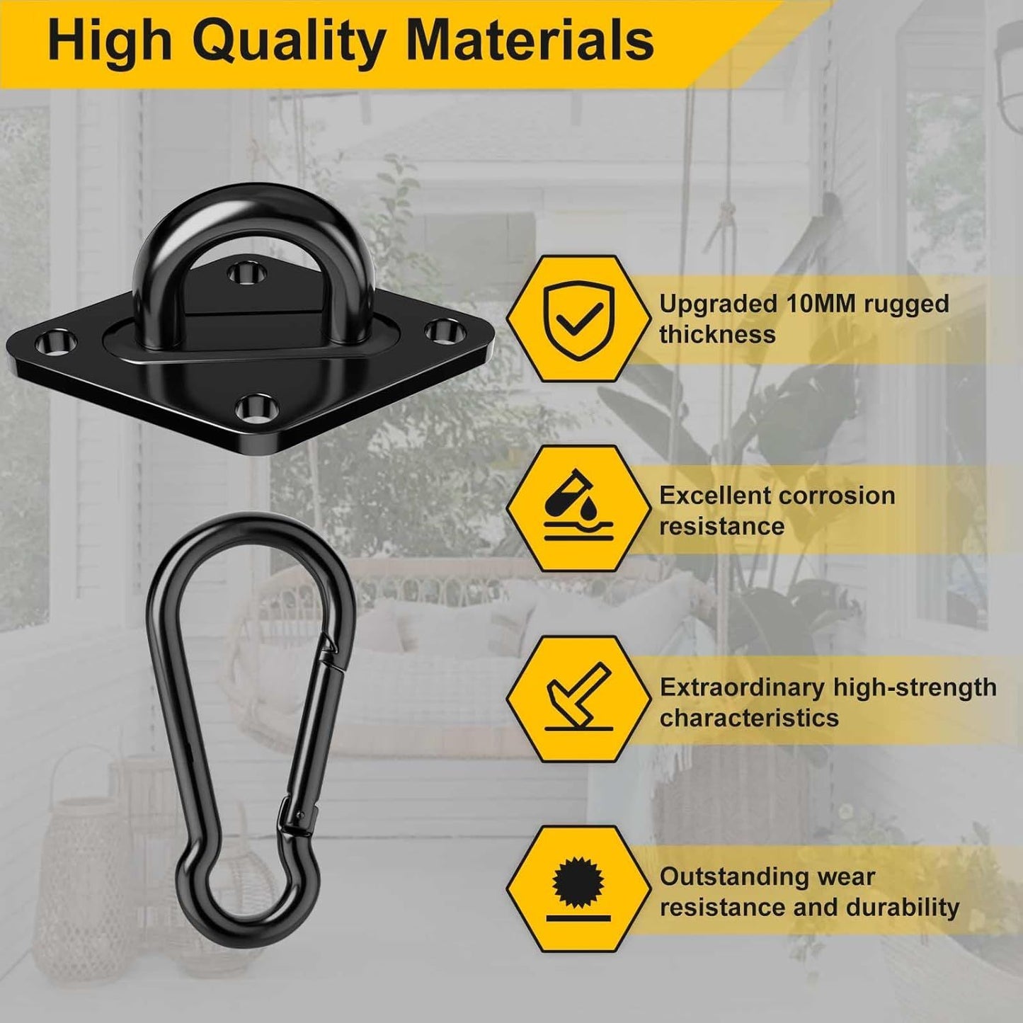 Heavy Duty Black Hammock Hooks Screws Bolts Included, Over 1700 lb Rust-Resistant Swing Hook Hardware, M10 Hanging Kit or Porch Yoga Seat Trapeze (Indoor/Outdoor)
