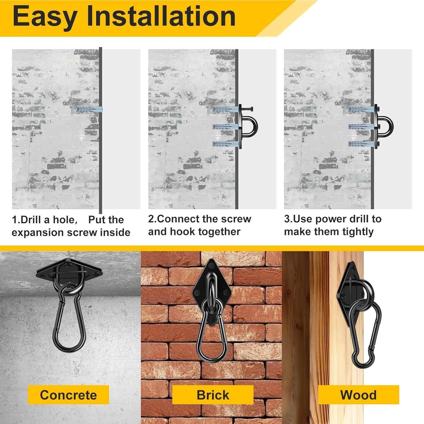Heavy Duty Black Hammock Hooks Screws Bolts Included, Over 1700 lb Rust-Resistant Swing Hook Hardware, M10 Hanging Kit or Porch Yoga Seat Trapeze (Indoor/Outdoor)