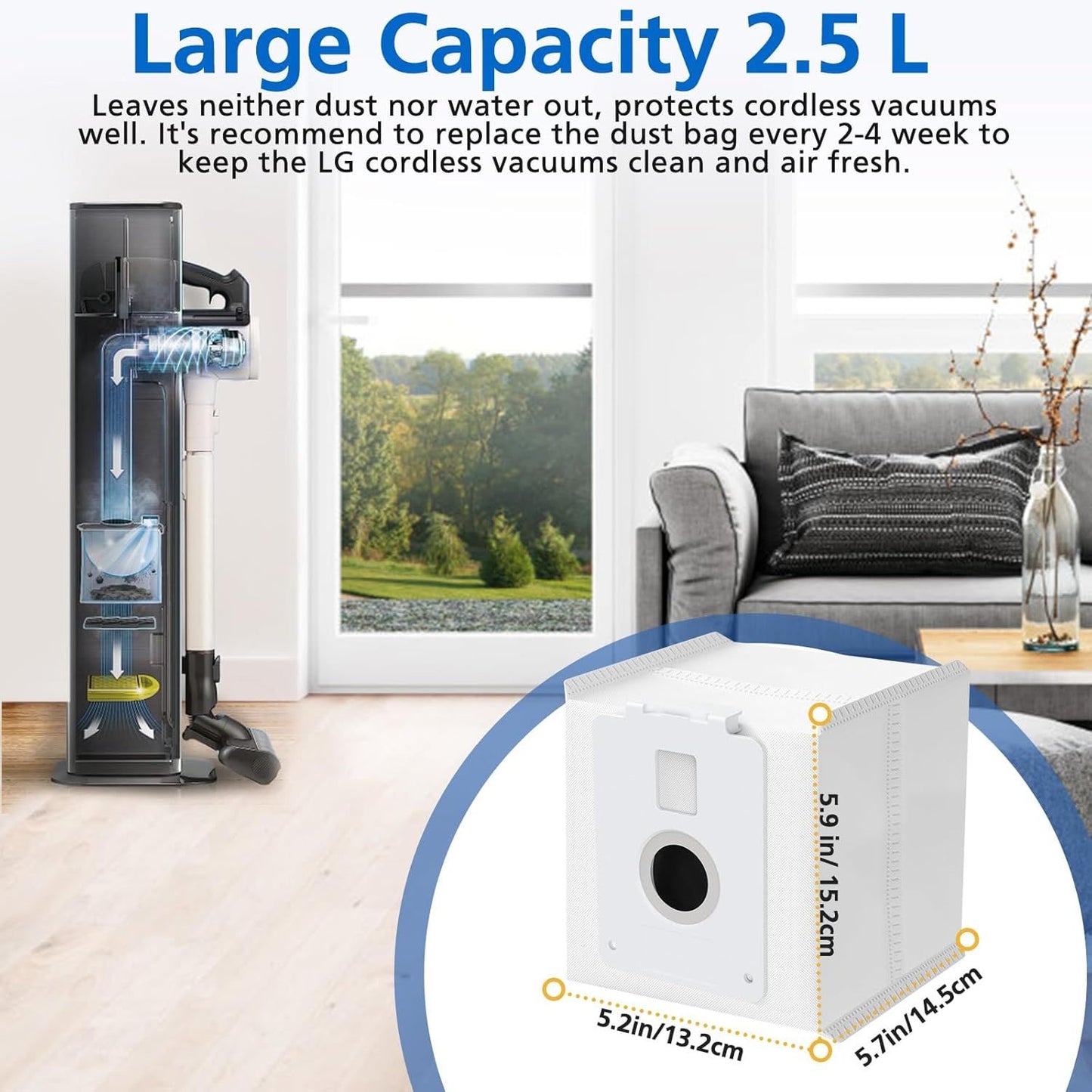 6 Pack Vacuum Dust Bag or LG CordZero All-in-One Cordless Cleaner A939KBGS, A938KBGS and A937KGMS, Dirt Disposal Cordzero Cordless Vacuum Bags Replacement Compatible with LG All-in-One Tower