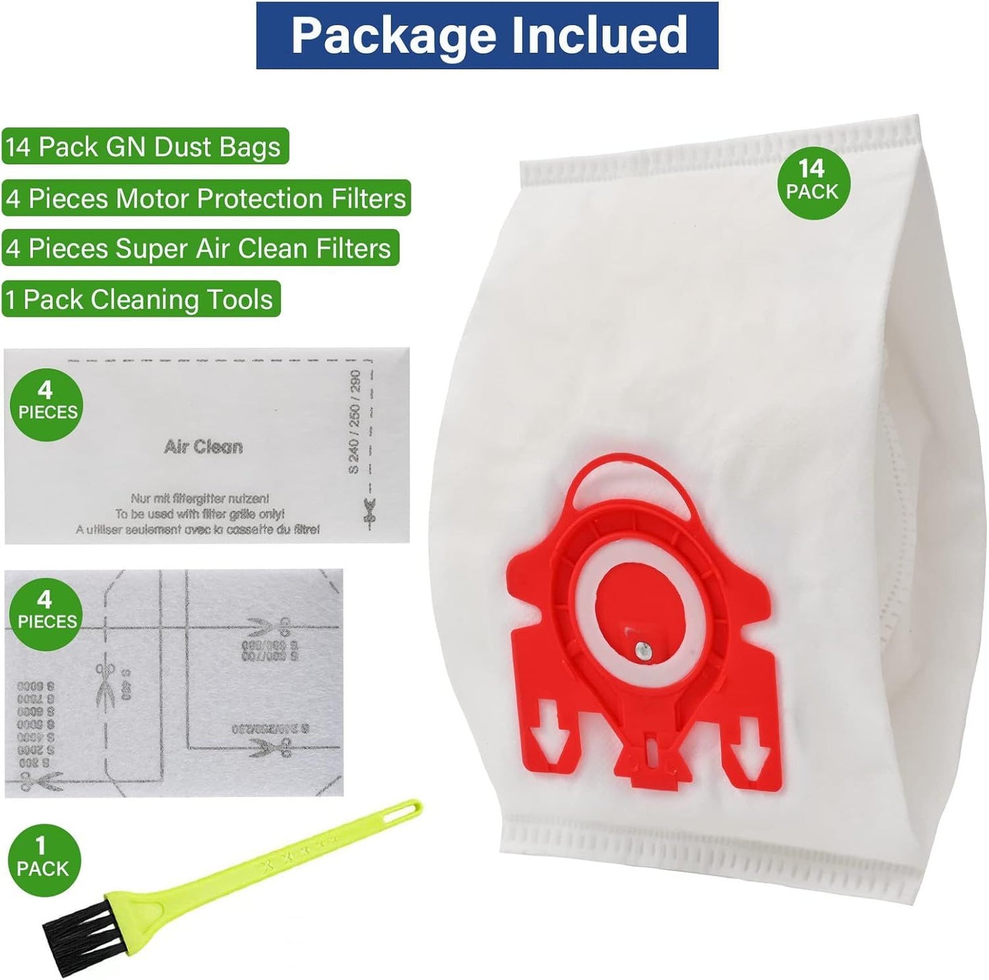 14 Packs 3D Airclean Bags Replacement or Miele JM Vacuum Cleaner Bags,Compact C1, Compact C2, Complete C1, S241, S290, S300i, S500, S700, S4, S6 Series, Replaces Part 10123220