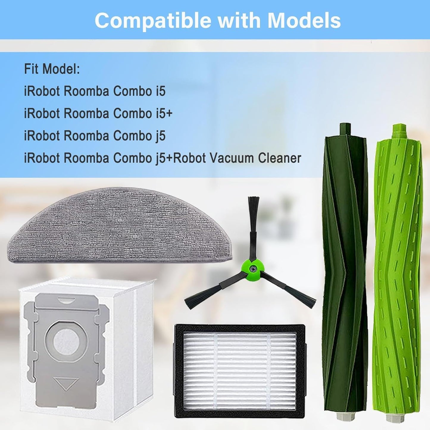Replacement Parts Accessories or iRobot Roomba Combo i5, i5+, j5, j5+ Robot Vacuum Cleaner, 1 Set o Roller Brush & 4 ilters & 4 Mop Pads & 4 Vacuum Bags & 4 Side Brushes