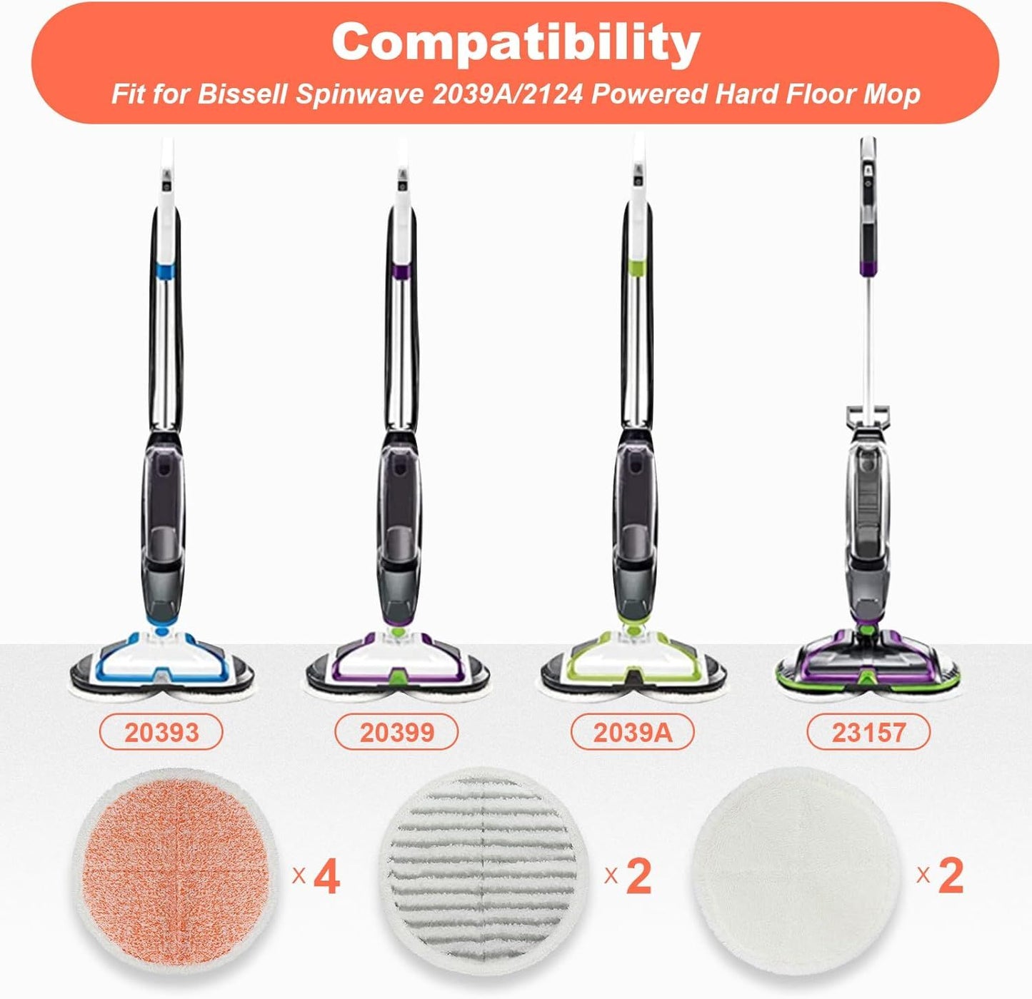 Spinwave Mop Pads Replacement Set Compatible with Bissell Spinwave 2039A 2124: 4 Heavy Scrub Pads, 2 Sot Pads, 2 Scrubby Pads by  (8Pack)
