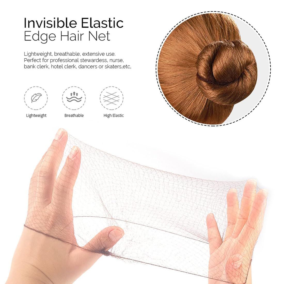 50PCS Hair Nets Invisible Elastic Edge Mesh Bun Hair Nets for Ballet Dance 20" Brown