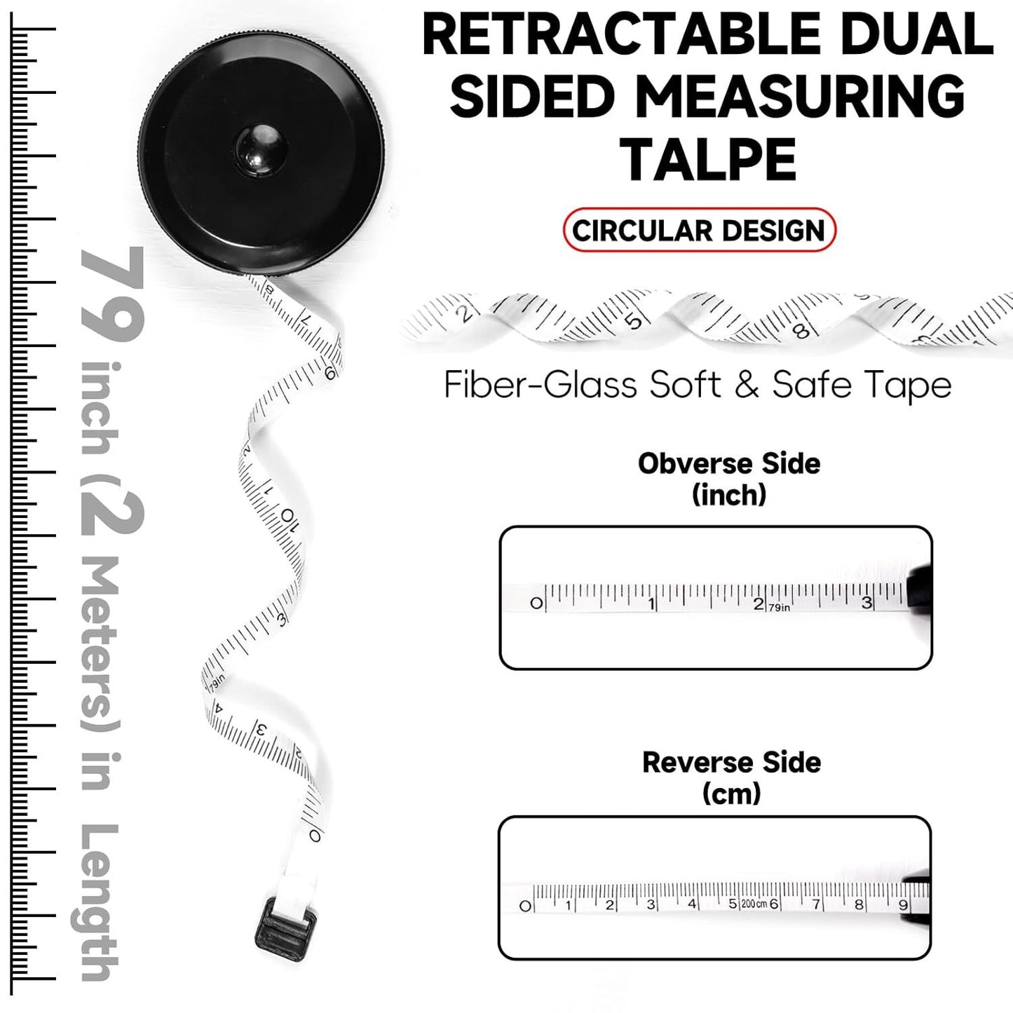 1 Pack Soft Tape Measure Retractable Measuring for Body Fabric Sewing Tailor,Black Sewing Tape Measures,Small Push ButtonDouble Scales Rulers 79-inch 2 Meter(Black White)