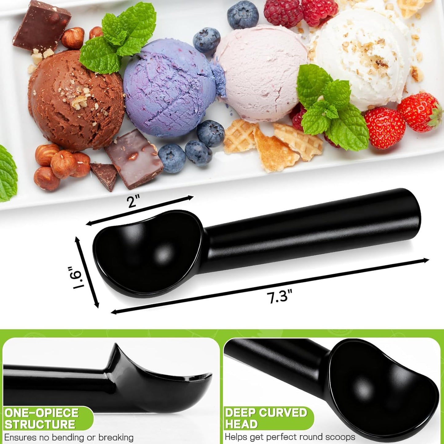 Ice Cream Scoop,Black Aluminum Ice Cream Scooper,7.3 Inches One-Piece Design Nonstick Cookie Spoon,Durable,Easy to Clean