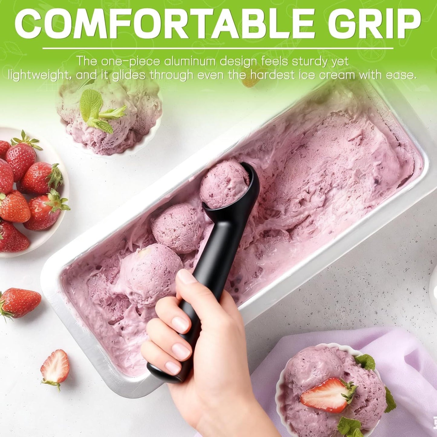 Ice Cream Scoop,Black Aluminum Ice Cream Scooper,7.3 Inches One-Piece Design Nonstick Cookie Spoon,Durable,Easy to Clean