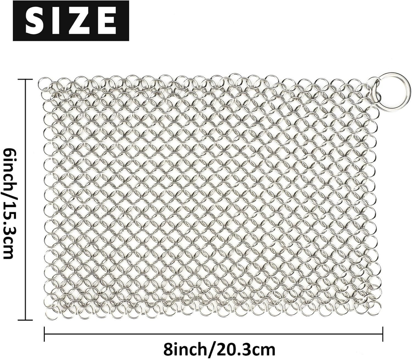 Cast Iron Cleaner 8"x6" 316L Stainless Steel Chainmail Scrubber Scraper Chain Mail Link Scrub for Pans, Griddles and BBQ Grills Cleaning