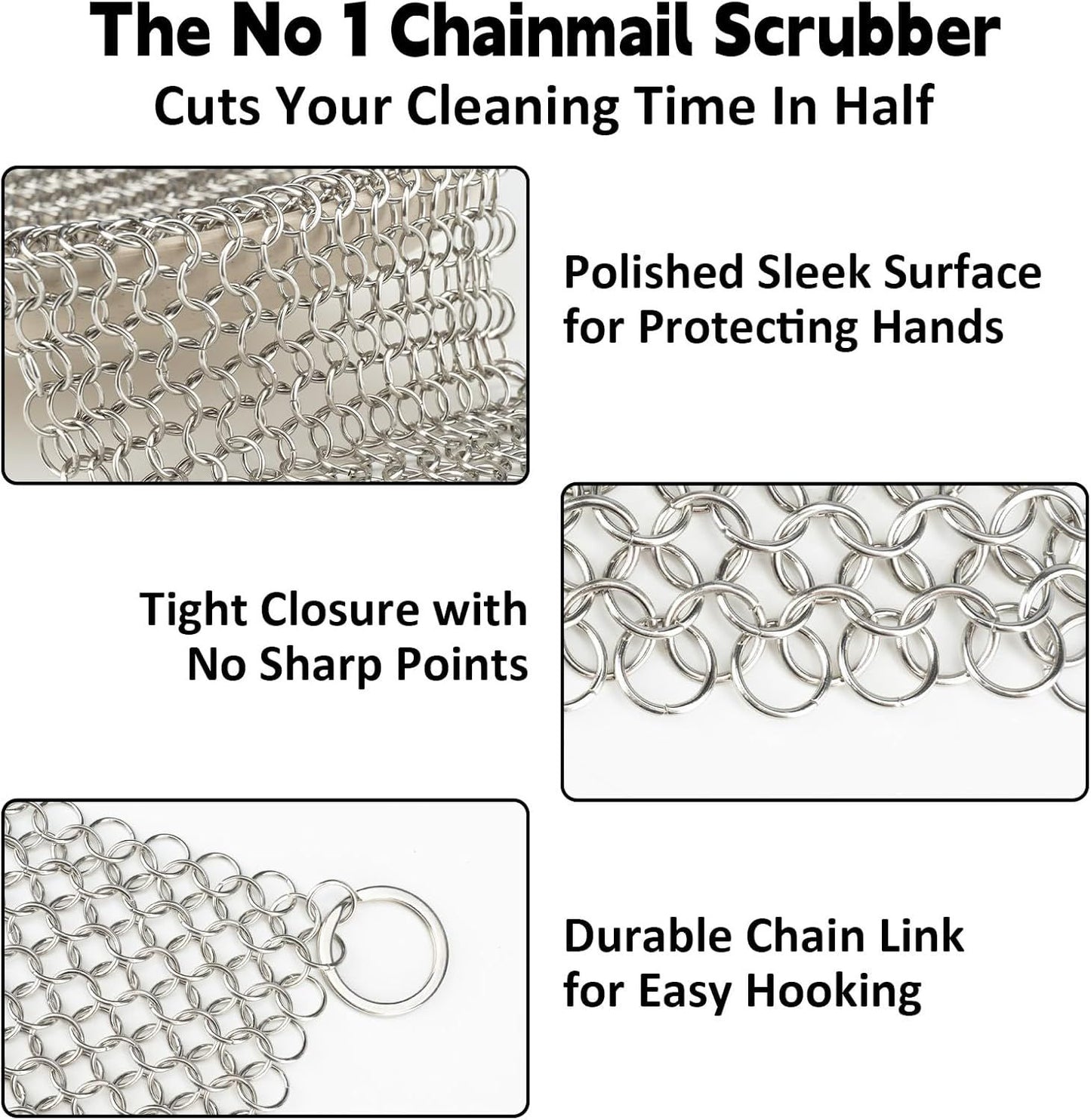 Cast Iron Cleaner 8"x6" 316L Stainless Steel Chainmail Scrubber Scraper Chain Mail Link Scrub for Pans, Griddles and BBQ Grills Cleaning
