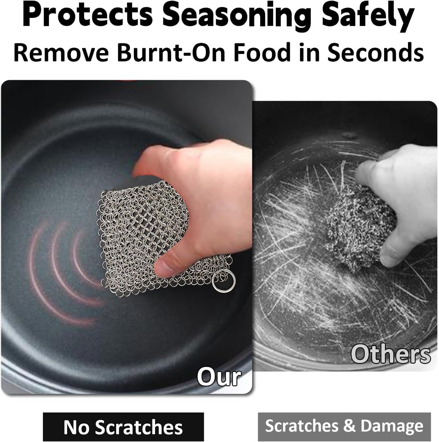 Cast Iron Cleaner 8"x6" 316L Stainless Steel Chainmail Scrubber Scraper Chain Mail Link Scrub for Pans, Griddles and BBQ Grills Cleaning