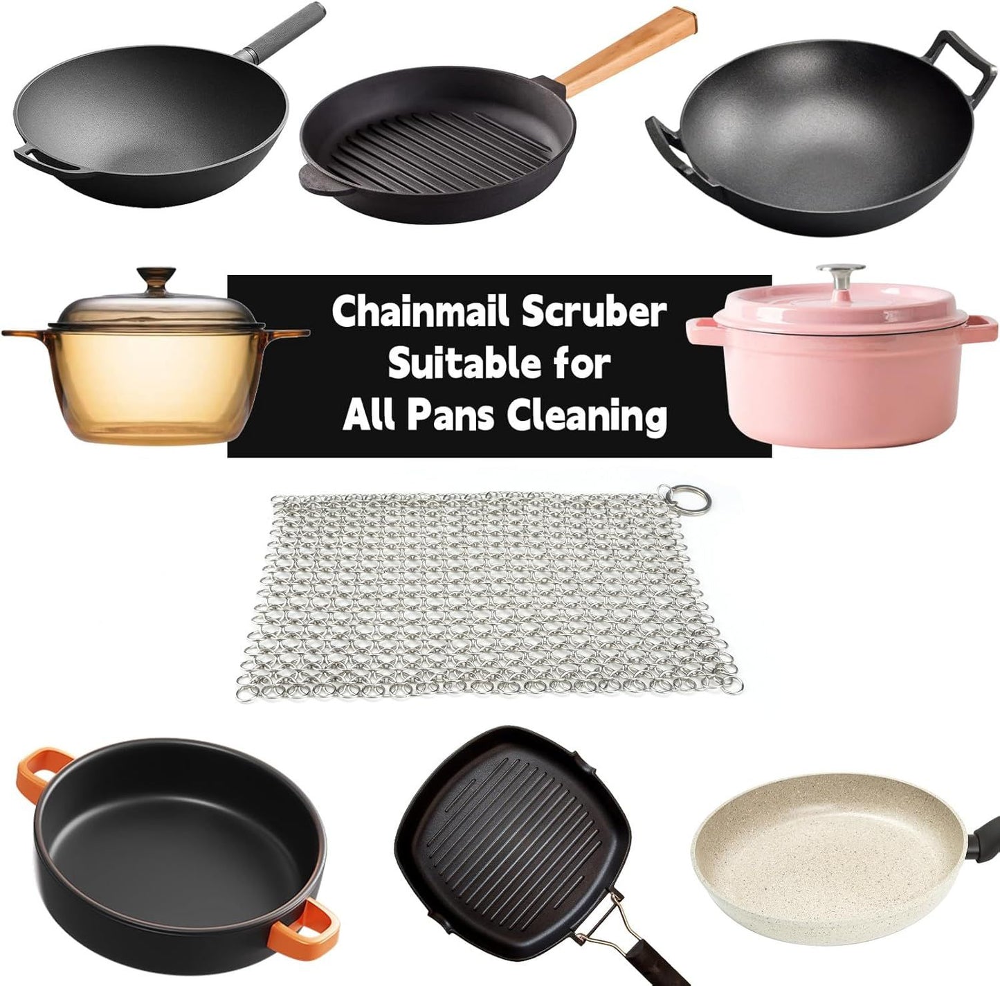 Cast Iron Cleaner 8"x6" 316L Stainless Steel Chainmail Scrubber Scraper Chain Mail Link Scrub for Pans, Griddles and BBQ Grills Cleaning