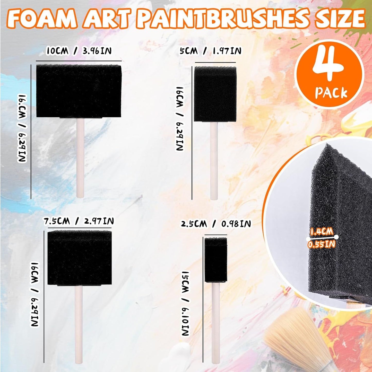 4 Pcs Foam Art Paintbrushes,Wood Handle Sponge Brushes 1'', 2'',3'' & 4'' Sponge Paint Brush for Painting, Craft, Staining, Varnish, Touch Up DIY Craft Projects
