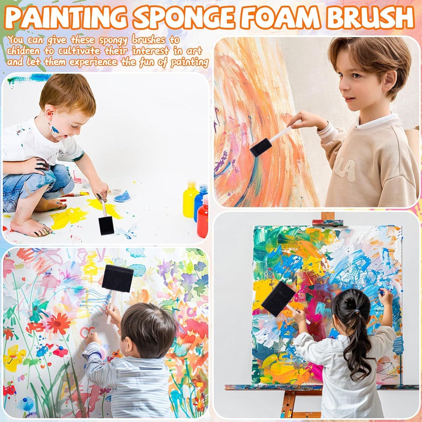 4 Pcs Foam Art Paintbrushes,Wood Handle Sponge Brushes 1'', 2'',3'' & 4'' Sponge Paint Brush for Painting, Craft, Staining, Varnish, Touch Up DIY Craft Projects